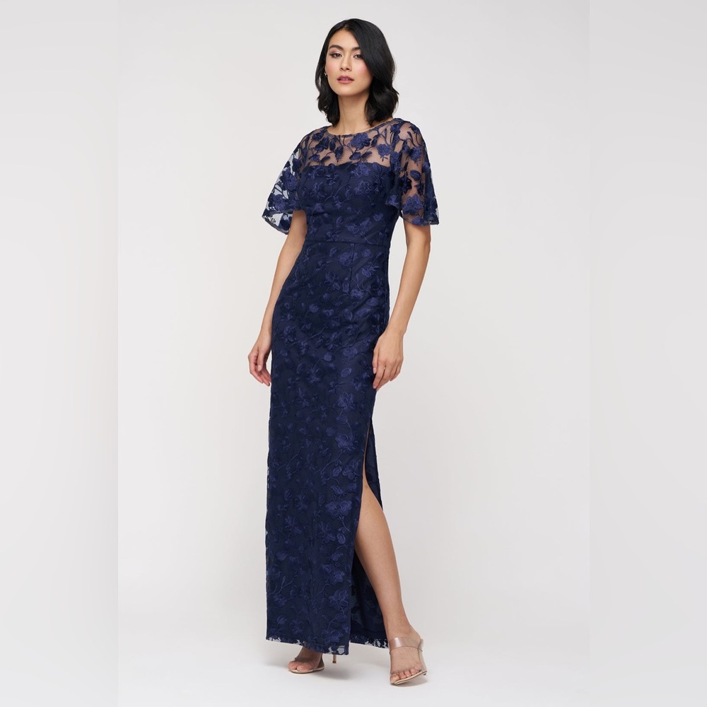JS Collections Navy Floral Embroidered Sheer Flutter-Sleeve Formal Column Gown